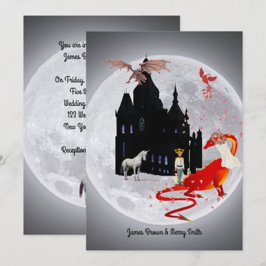 Moon Dragon Prince Unicorn Phoenix Castle Wedding Kaart (Voorkant / Achterkant)