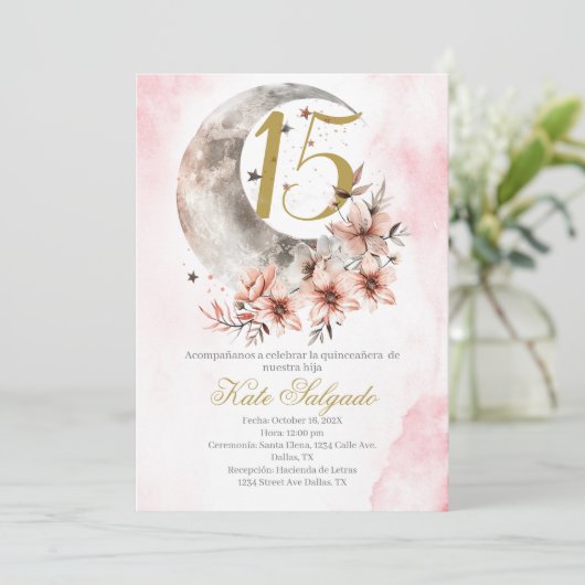 Moon Dusty roze Quinceanera uitnodiging (Staand voorkant)