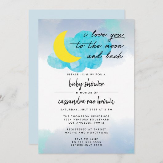 Moon en Back Baby shower Uitnodiging (Voorkant / Achterkant)
