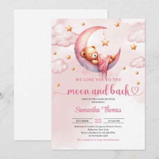 Moon en back roze en gouden meisje baby shower kaart (Voorkant / Achterkant)