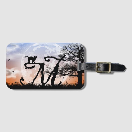 Moon en Cat M Initiaal Monogram Bagagelabel (Voorkant (horizontaal))