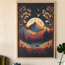 Moon en Colorful Mountains met Meadow Ai Art Poster