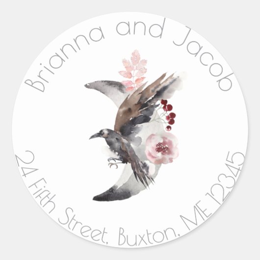 Moon en Raven Waterverf adreslabel Ronde Sticker (Voorkant)