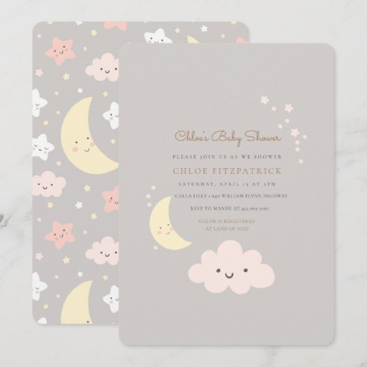 Moon en Star Baby shower Invitation Grey Kaart (Voorkant / Achterkant)