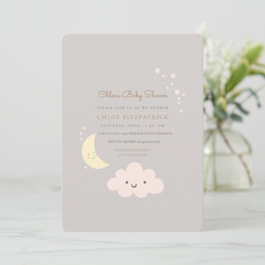 Moon en Star Baby shower Invitation Grey Kaart (Staand voorkant)