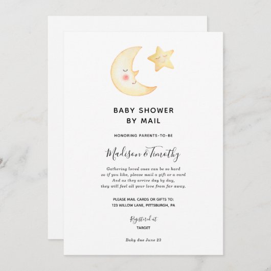 Moon en Star Baby shower per Mail uitnodiging (Voorkant / Achterkant)