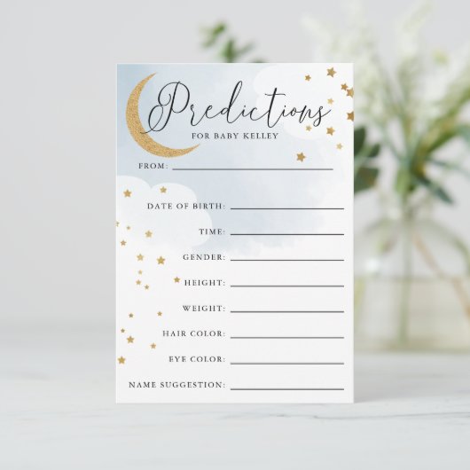 Moon en Stars Blue Baby shower Prediccard Informatiekaartje (Staand voorkant)