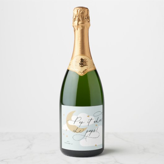 Moon en Stars Blue Script Pop het als ze Pop Sparkling Wijnetiket (Voorkant)