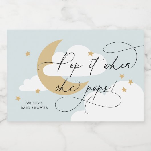 Moon en Stars Blue Script Pop het als ze Pop Sparkling Wijnetiket (Enkel label)