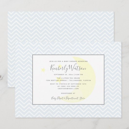 Moon en Stars Chevron Baby shower | Blauw Kaart (Voorkant / Achterkant)
