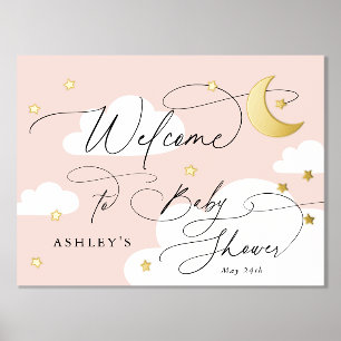 Moon en Stars Clouds Roze Welkome Baby shower Folie Afdrukken