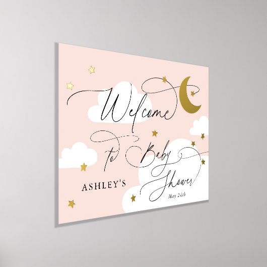 Moon en Stars Clouds Roze Welkome Baby shower Folie Afdrukken (Laagn)