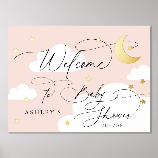 Moon en Stars Clouds Roze Welkome Baby shower Folie Afdrukken (Voorkant)