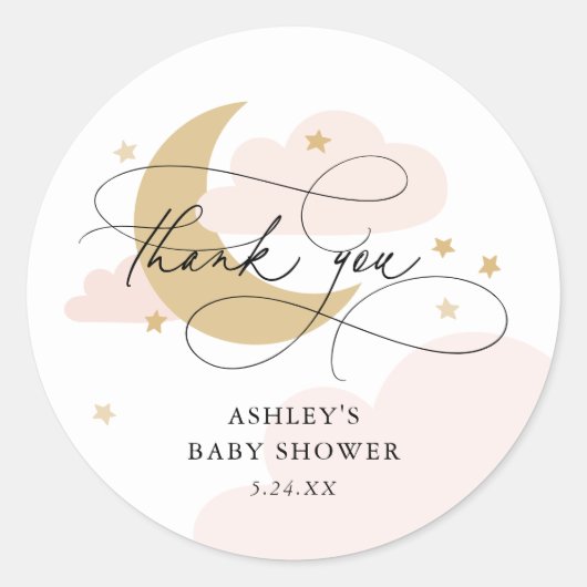 Moon en Stars Roze Baby shower van het Manuscript  Ronde Sticker (Voorkant)