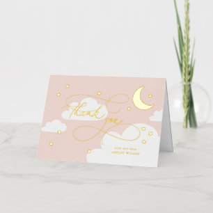 Moon en Stars Roze Manuscript Baby Dank u Folie Wenskaart