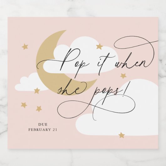 Moon en Stars Roze Manuscript Pop het wanneer zij  Sparkling Wijnetiket (Enkel label)