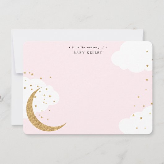 Moon en sterren, Baby roze, gepersonaliseerd vlak Notitiekaartje (Voorkant)