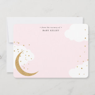 Moon en sterren, Baby roze, gepersonaliseerd vlak Notitiekaartje