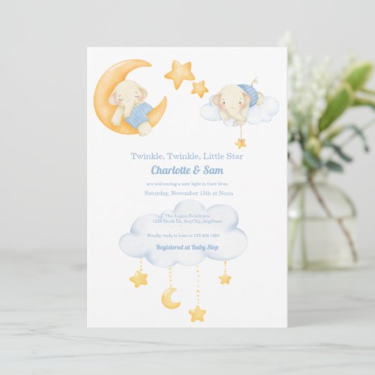 Moon en sterren | Elephant Baby Shower Invitations Kaart (Staand voorkant)