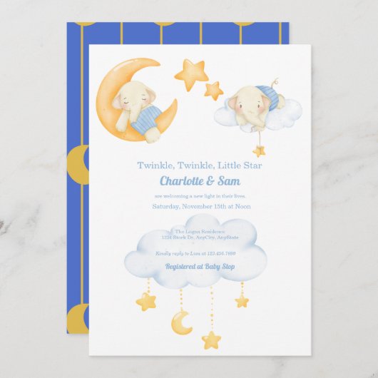 Moon en sterren | Elephant Baby Shower Invitations Kaart (Voorkant / Achterkant)