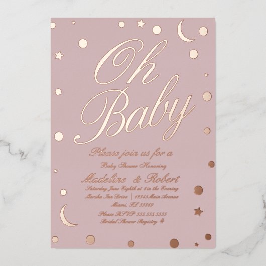 Moon en Stippen Confetti Baby shower Roze geperst Folie Uitnodiging (Voorkant)