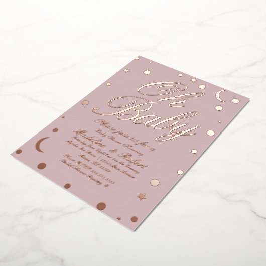Moon en Stippen Confetti Baby shower Roze geperst Folie Uitnodiging (Gedraaid)
