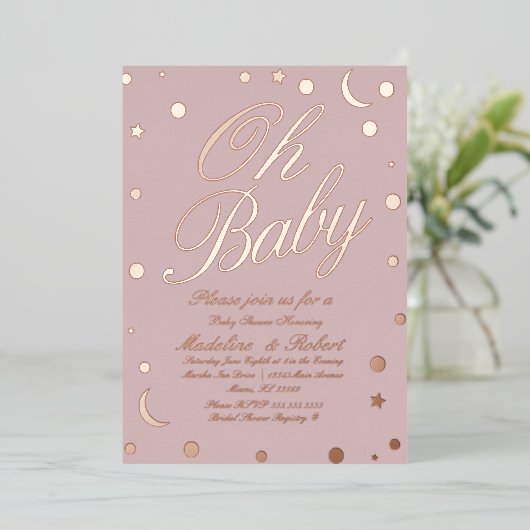 Moon en Stippen Confetti Baby shower Roze geperst Folie Uitnodiging (Staand Voorkant)