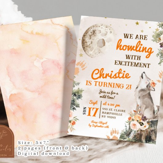Moon en Wolf Howling Verjaardagsmeisje Kaart