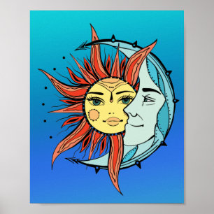 Moon en zon. illustratie tattoo stijl poster