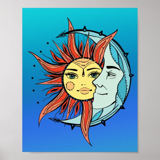 Moon en zon.  illustratie tattoo stijl poster (Voorkant)
