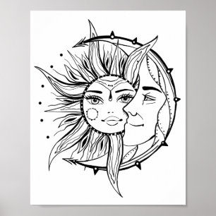 Moon en zon. illustratie tattoo stijl poster