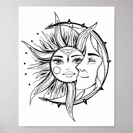 Moon en zon.  illustratie tattoo stijl poster (Voorkant)