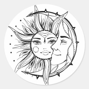 Moon en zon.  illustratie tattoo stijl ronde sticker