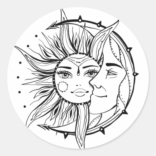 Moon en zon.  illustratie tattoo stijl ronde sticker (Voorkant)