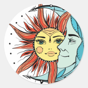 Moon en zon. illustratie tattoo stijl ronde sticker