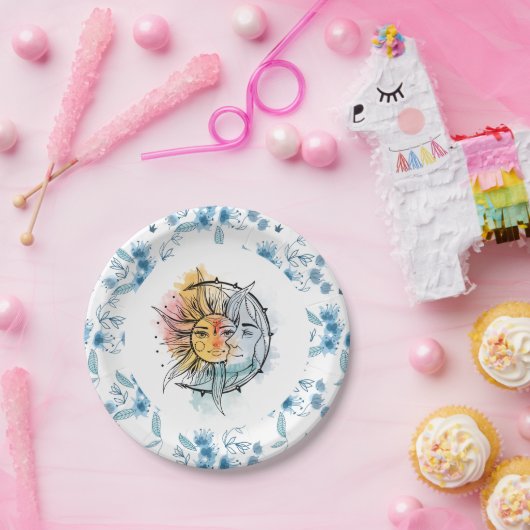 Moon en zon.  stijlillustratie. Blauw Papieren Bordje (Feest)