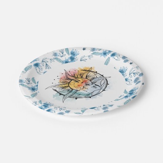 Moon en zon.  stijlillustratie. Blauw Papieren Bordje (Gekanteld)