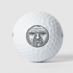 Moon Face Eyes Sky Night  Zwart Wit Oud Golfballen