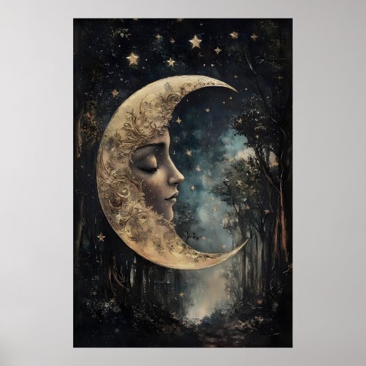 Moon Face In Forest Print, Gothic Witchy Poster (Voorkant)
