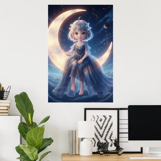 Moon Fairy Starry Night Art Poster (Thuiskantoor)