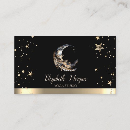 Moon Feather Gold Sterren Zwart Yoga Studio Visitekaartje (Voorkant)