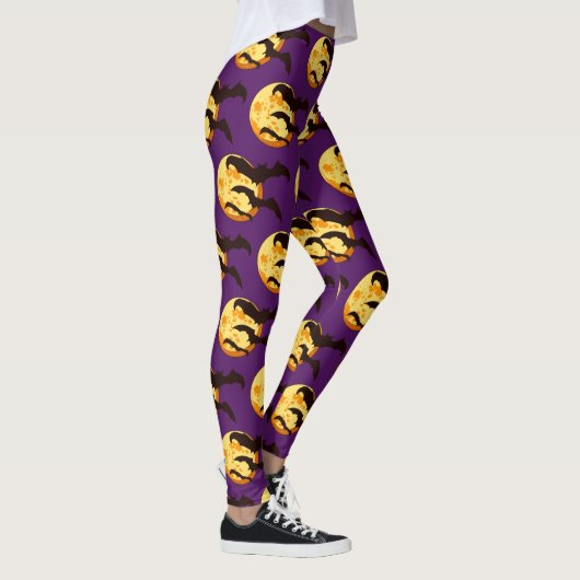 Moon Flying Bats Cute Halloween Oranje en Paars Leggings (Rechts)