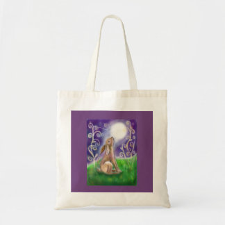 Moon gazing hare illustratie paarse achtergrond tote bag