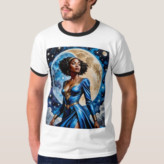 Moon Goddess in Blauwe Magische T-shirt Design (Voorkant)