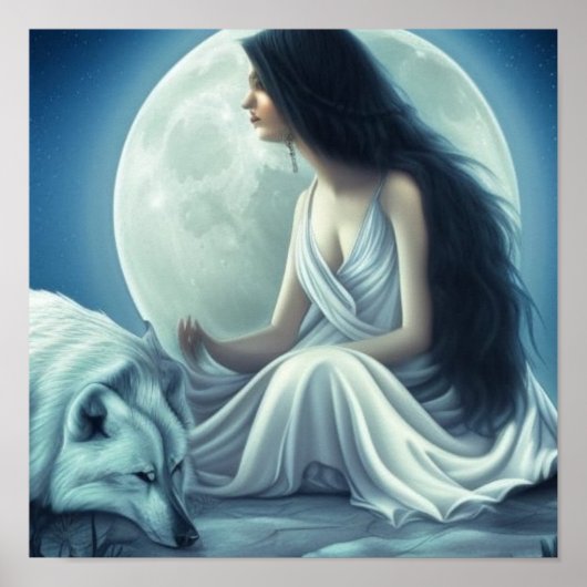 Moon Goddess met Wolf Bowing - Wolf Poster (Voorkant)