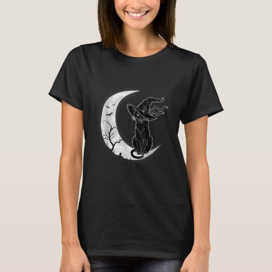 Moon Halloween Scary Black Cat Costume Witch Pet W T-shirt (Voorkant)