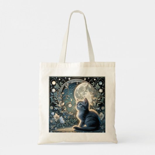 Moon Kitten Blue Night Art Nouveau Tote Bag (Achterkant)