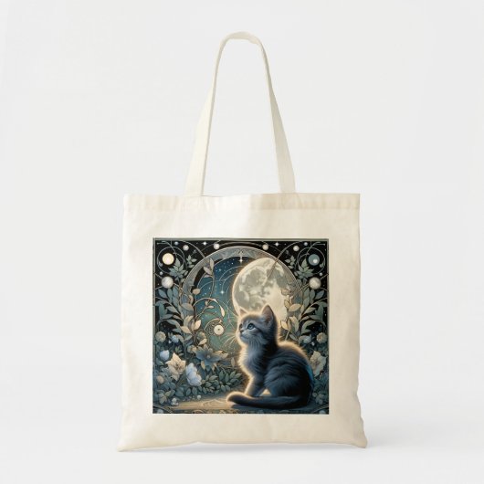 Moon Kitten Blue Night Art Nouveau Tote Bag (Voorkant)