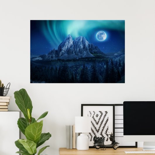Moon Lit Mountain Night Poster (Thuiskantoor)