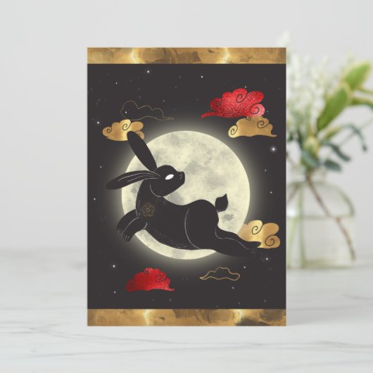 Moon Lunar Year of the Rabbit Black Red Gold Feestdagenkaart (Staand voorkant)